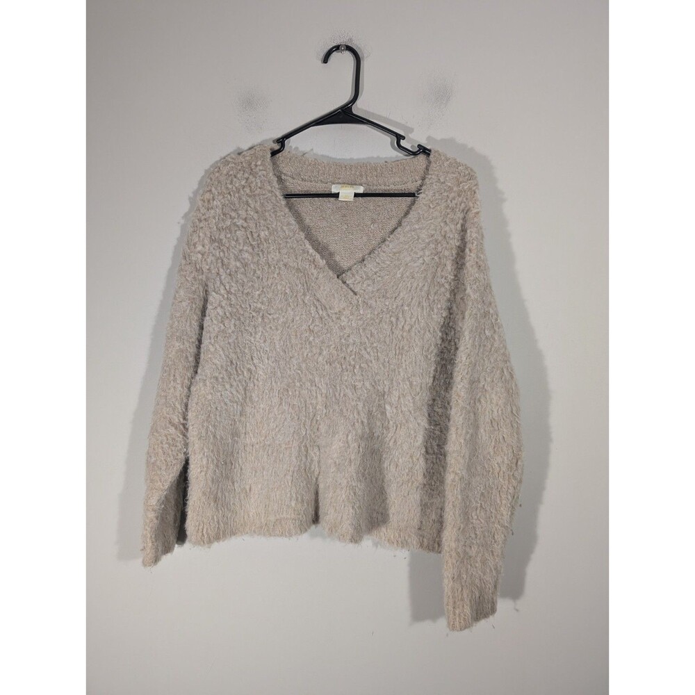 Maeve Anthropologie Womens Beige Plush V Neck Sweater Sz XXS Relaxed Cozy Casual